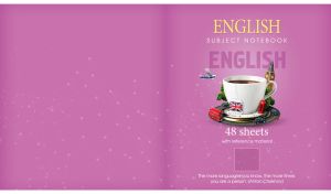 Purple cover of an English notebook with a quote from Chekhov and a teacup