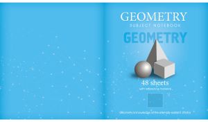Sky blue cover of a geometry notebook with a quote from Plato and 3D figures