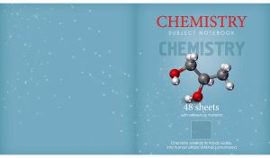 Blue cover of a chemistry notebook with a quote from Lomonosov and molecules