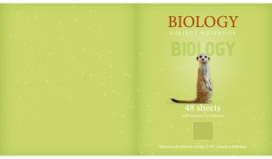 Green cover of a biology notebook with a quote from Belinsky and a meerkat