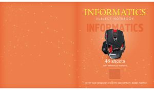 Orange cover of an informatics notebook with a quote from Asimov and a mouse