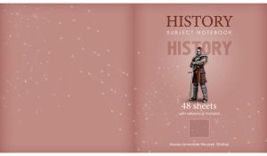 Pink-brown cover of a history notebook with a quote from Statius and a knight