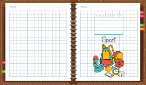 Brown spiral notebook with sports clipart on a white grid backdrop