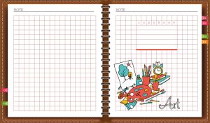 Brown spiral notebook with art clipart on a white grid backdrop