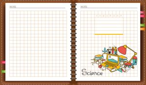 Brown spiral notebook with exact science clipart on a white grid backdrop