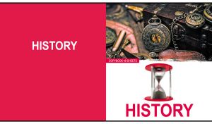 3D hourglass on a white and pink-red backdrop of a History notebook