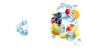 Fruit cocktail mix and ice cubes with water splashes on a white backdrop
