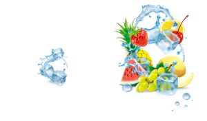 Tropical fruit cocktail mix and ice cubes with water splashes on a white backdrop