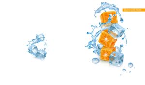 Cubes of ice and oranges with water splashes on a white backdrop