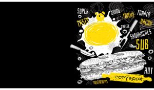 Food concept art menu poster with a sub sandwich on a black backdrop