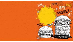 Food concept art menu poster with hamburgers on an orange backdrop