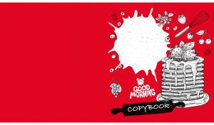 Food concept art menu poster with pancakes on a red backdrop