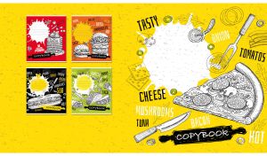 Food concept art menu poster with a pizza slice on a yellow backdrop