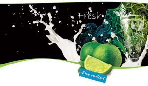 Fresh limes in a splash of milk and a citrus cocktail on black and white
