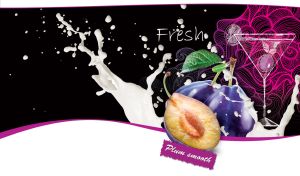 Fresh plums in a splash of milk and a sweet cocktail on black and white