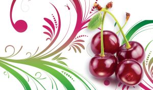 Ripe rouge cherries with green leaves on colorful swirls