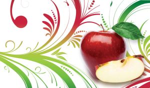 Red apple with a green leaf next to an apple slice on colorful swirls