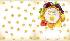 Fruit sticker on a white wrapping paper with seamless orange patten