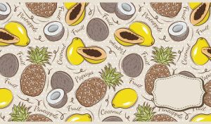 Seamless papaya, coconut and pineapple pattern on a beige polka dot backdrop