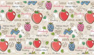 Seamless strawberry, raspberry and blueberry pattern on a beige floral backdrop