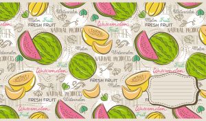 Seamless watermelon and melon pattern on a beige floral backdrop