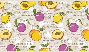 Seamless apricot, peach and plum pattern on a beige floral backdrop