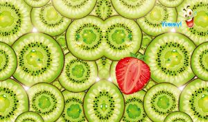 Yummy juicy kiwi and strawberry slices in yellow-green hues