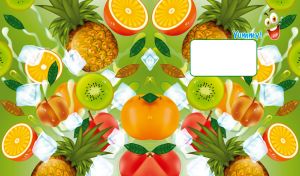 Yummy juicy fruit mix and ice cubes on a dark lime-green backdrop