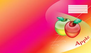 Two, green and red, hand drawn apples with leaves on bright colorful gradient