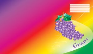 Bunch of purple hand drawn grapes with green leaves on bright colorful gradient