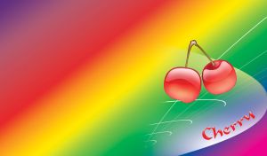A couple of red hand drawn cherries on a bright colorful gradient background