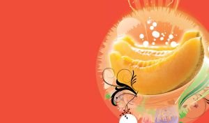 Three tasty yellow melon slices with summer theme behind on orange