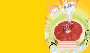 Half red grapefruit with a fork in the middle with summer theme behind on yellow