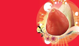 Whole red Anjou pear and a half in the back with summer theme behind on red