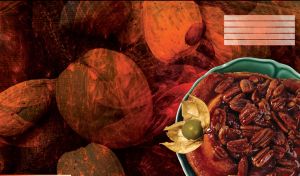 French cinnamon roll with walnuts and caramel syrup on a brown patterned background