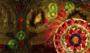 French fruit cake with strawberries, kiwi and blueberries on a green background