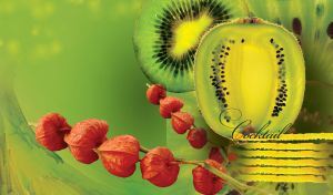 Big cocktail composition of halved kiwi and physalis on a lime green background