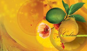 Big cocktail composition of lemon and lime, slices and flowers behind, on yellow