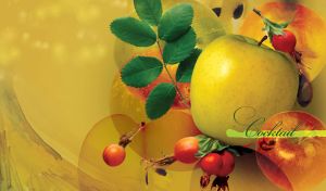 Big cocktail composition of yellow and red apples with rose hips on yellow