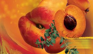 Big cocktail composition of whole and halved peach with pit close up on orange