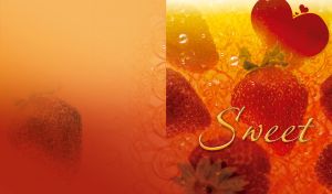 Sweet strawberries in syrup with bubbles on a red yellow background