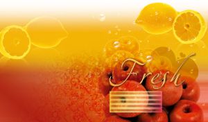 Fresh red apples and lemons in syrup with bubbles, on a red yellow background