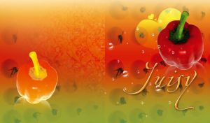Juicy red pepper, tomato pattern and bubbles on a green red yellow background