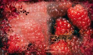 Raspberries with floral overlay on a dark red background