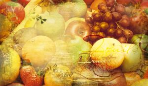 Mixed fruits with a floral overlay on a yellow red background