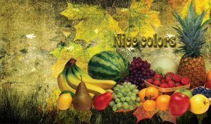 Mixed fruits composition on Autumn yellow green background