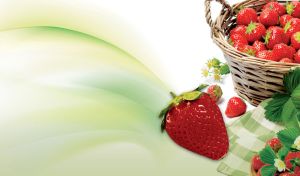 Wicker basket full of red, fresh strawberries on pastel green gradient