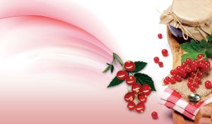 Glass jar of currant jam and a currant berries on pastel red gradient