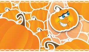 Smiling cartoon pumpkin with blue eyes in a pile of orange pumpkins