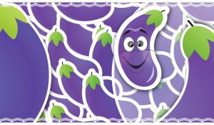 Smiling cartoon eggplant with gray eyes in a pile of violet eggplant